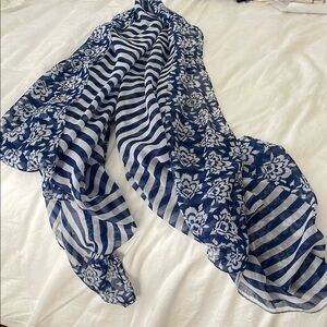 Blue and White Striped Floral Scarf